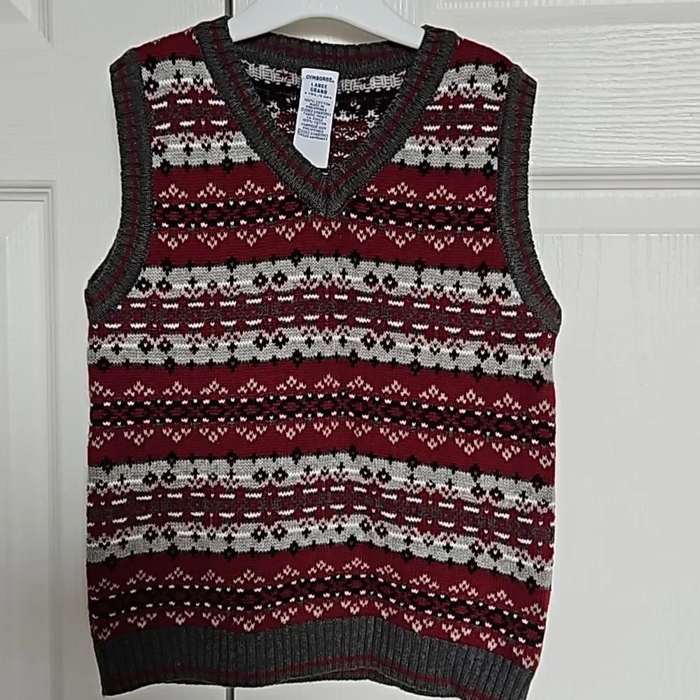 Gymboree Boy's V-neck Sleeveless Knitted Vest Gray & Burgundy 5 Years Old